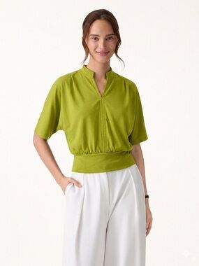 OGL Lime Green Split V-Neck Blouson Short Sleeve Top M